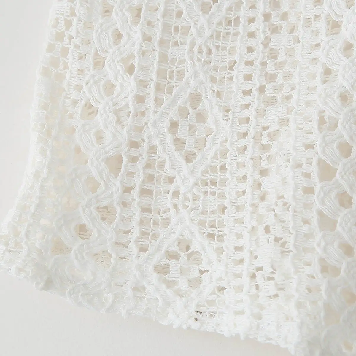 Hollow Out Blouse Crochet Lace Shirt Beige Color Women Summer Clothing Vacation Top Wear