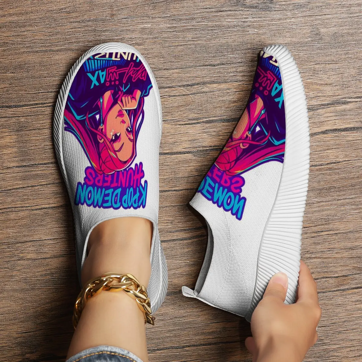 

Women Non Slip Flat Shoes Demon Hunters Anime Character Print Slip-On Casual Sneakers Lightweight Breathable Sports Shoes