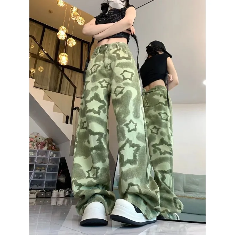 American Retro Green Camouflage Star Pants Autumn Straight High Street Jeans