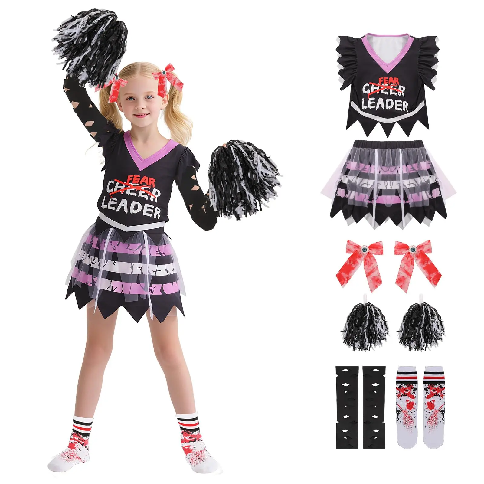 

Zombie Cheerleader Costume Girls Zombie Horror Dress Cheerleader Costumes Dress for Girls Halloween Cosplay Costume