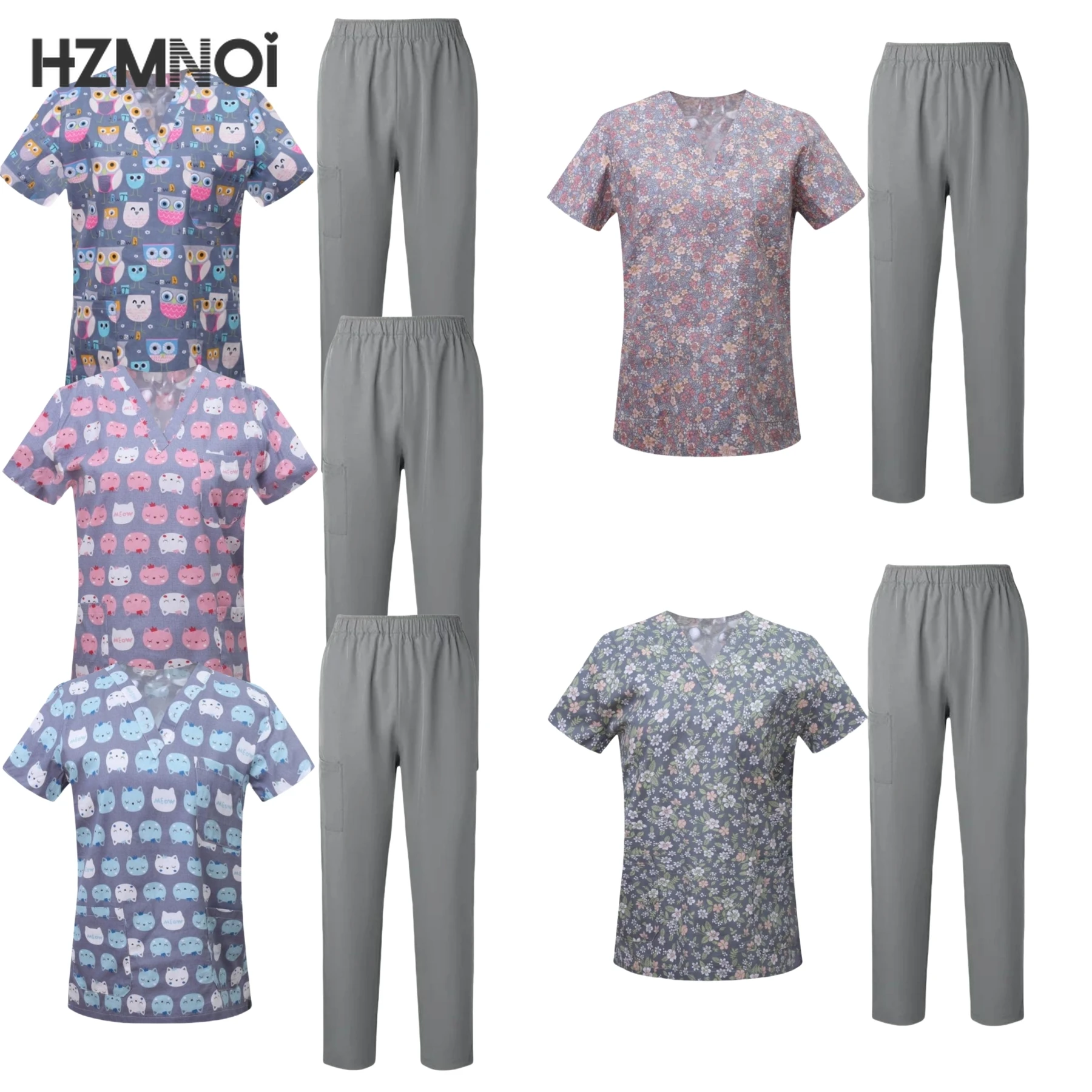 Surgical Uniforms Woman Printing Blouse Pockets Pants Medical Scrub Set Beauty Salon Workwear Clinical Scrubs Top+Pants Spa Suit