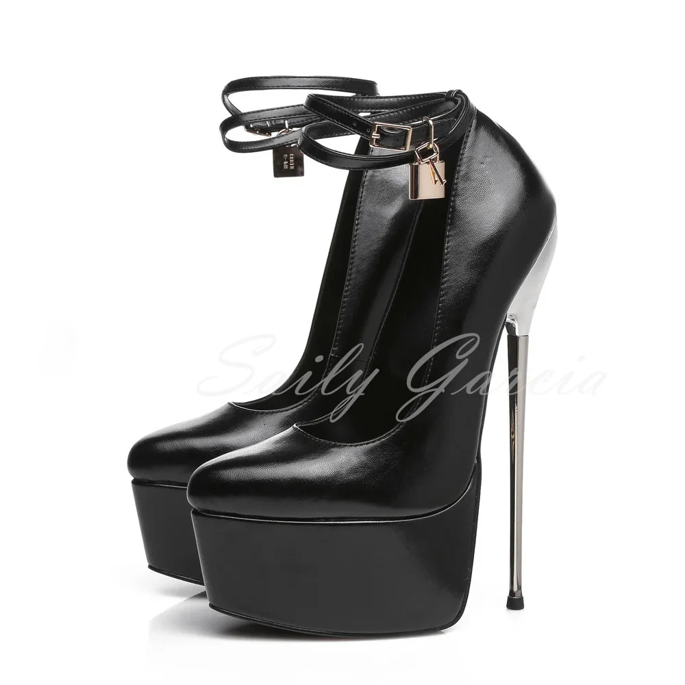20cm Black Platform Pumps with Locking Ankle Strap Pumps Women Sexy Round Toe Metal Extreme High Heel Nightclub Dress Shoes