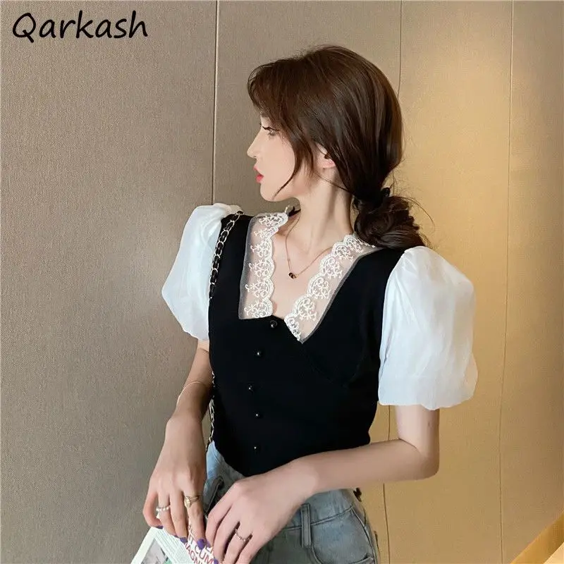 

Puff-sleeves Shirt Women Lace Square-collar Sexy Girls Knitted Crop Tops Slim Pleated INS Gentle Spliced Korean-style Summer New