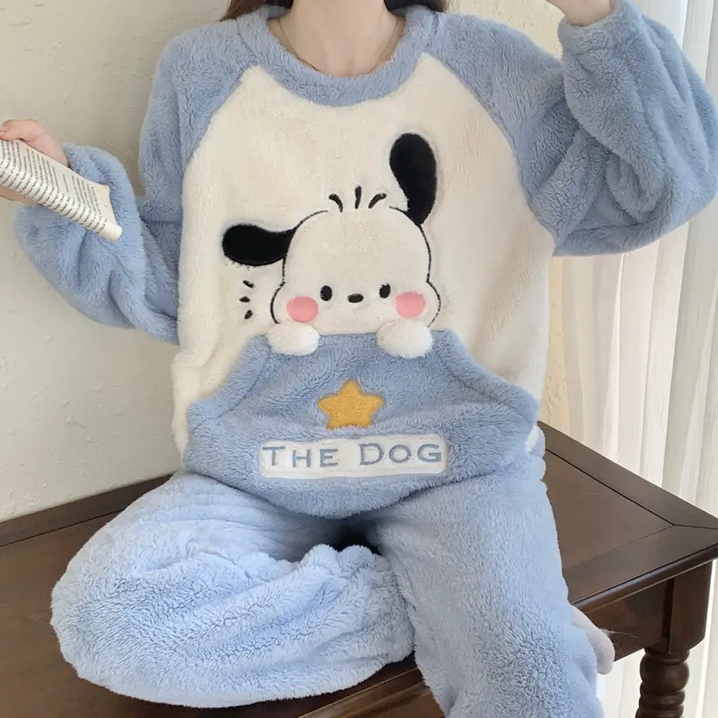Sanrio Thickened Warm Autumn and Winter New Pajamas Women's Coral Velvet Cute Home Clothes Set