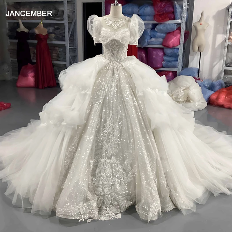 

Блестящие свадебные платья с круглым вырезом по индивидуальному заказу, с короткими рукавами, кружевное платье с блестками, бальное платье невесты, длинный халат, Vestido De Novia 2025