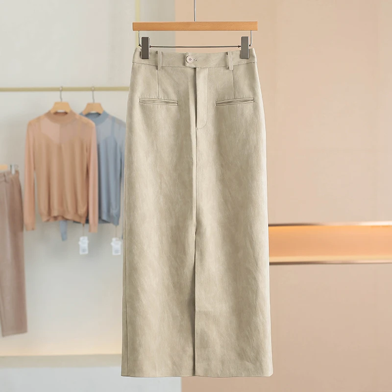 

Корейская кожаная юбка-миди с эффектом похудения, с высокой талией, прямого кроя, с разрезом, для женщин, весенняя мода 2025