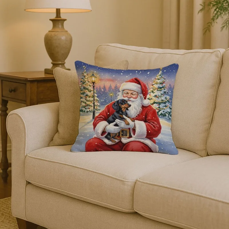 

Dachshund Santa Throw Pillow Christmas Gift Black Tan Decorative Indoor Outdoor Accent Cushion for Couch Bed