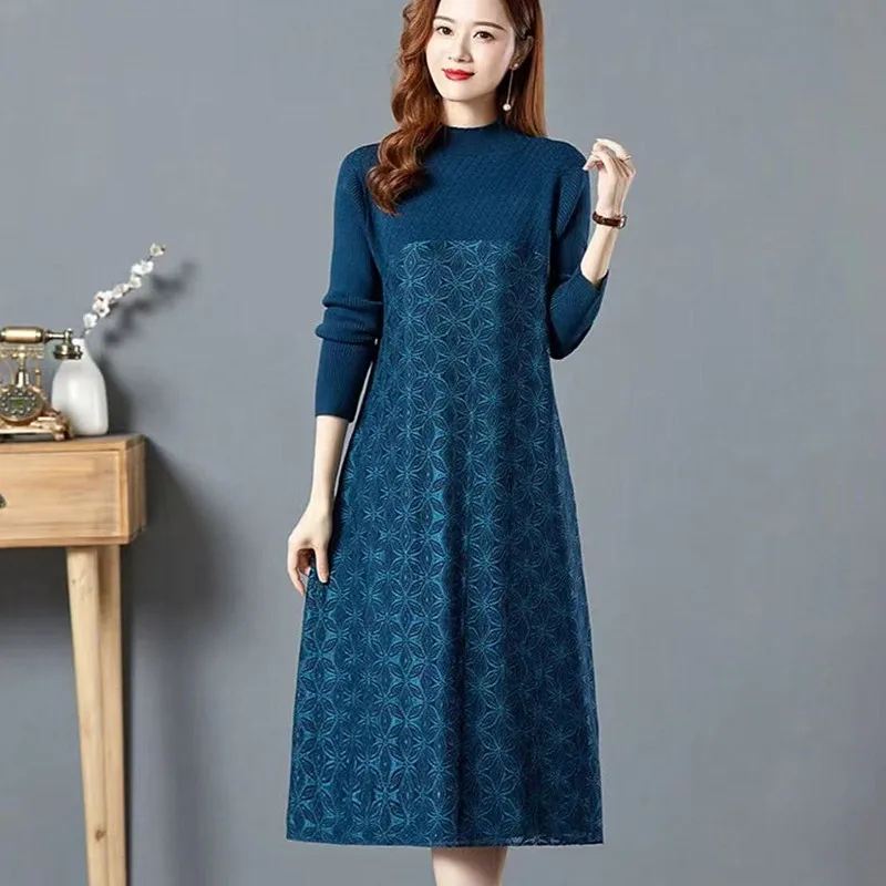 

High End New Knitted Winter Clothes Woman Tops Printed Warm Spring Autumn Pullover Jumper Women's Sweater Long Straight Dress