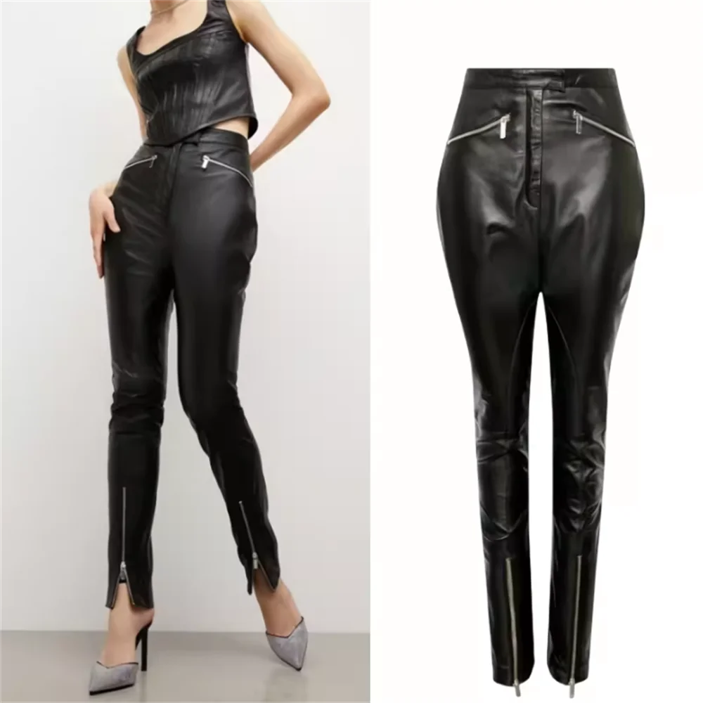 

Autumn and winter new women's trousers high waist slim PU leather pants zipper pencil pants show skinny leggings