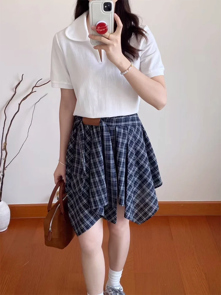 Saia xadrez preta e branca evasê feminina verão novo design bainha assimétrica viajante vintage patchwork cintura alta...