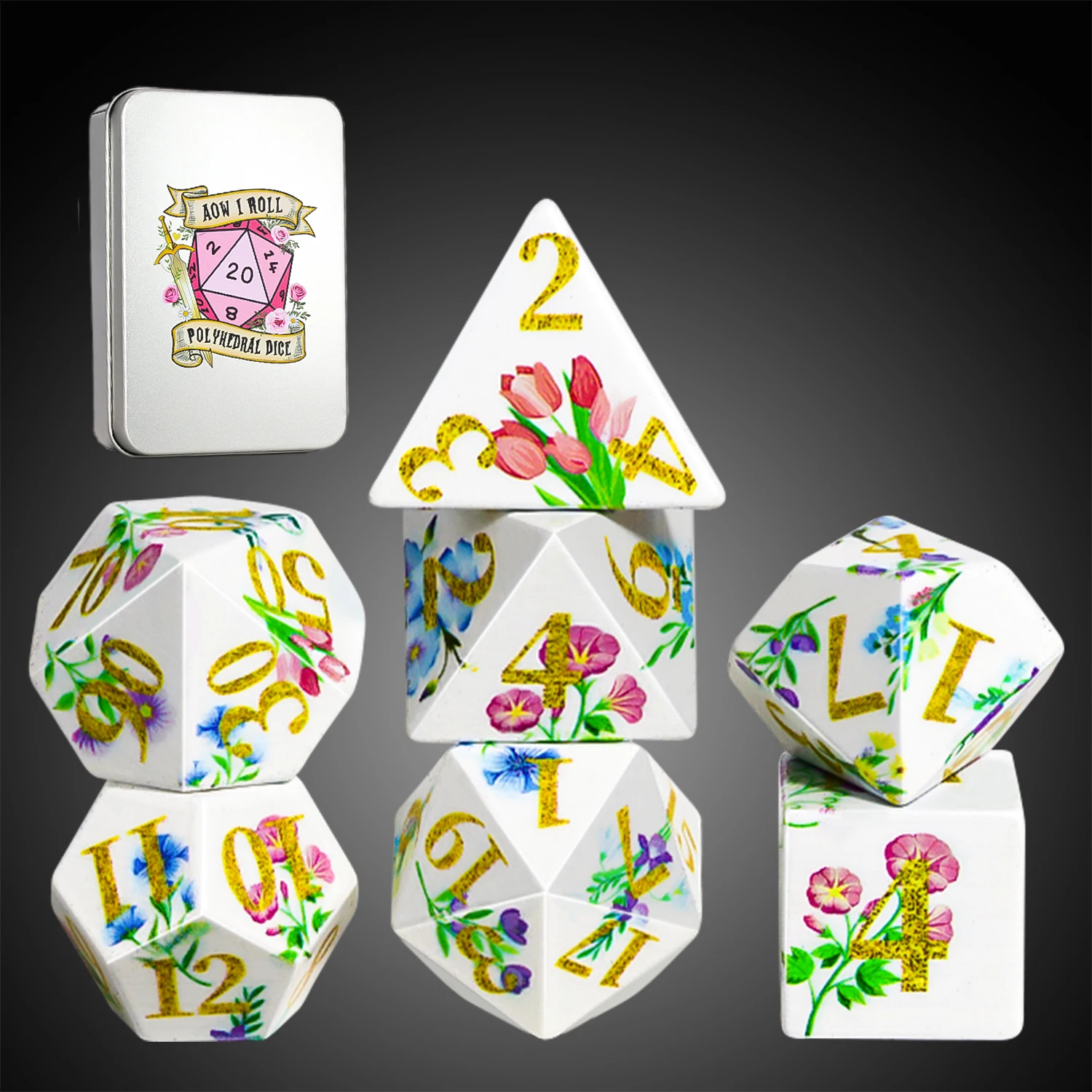 

Набор кубиков DND, 7 многогранных кубиков с острыми гранями в металлической коробке, дизайн с цветочным мотивом для Dungeons and Dragons