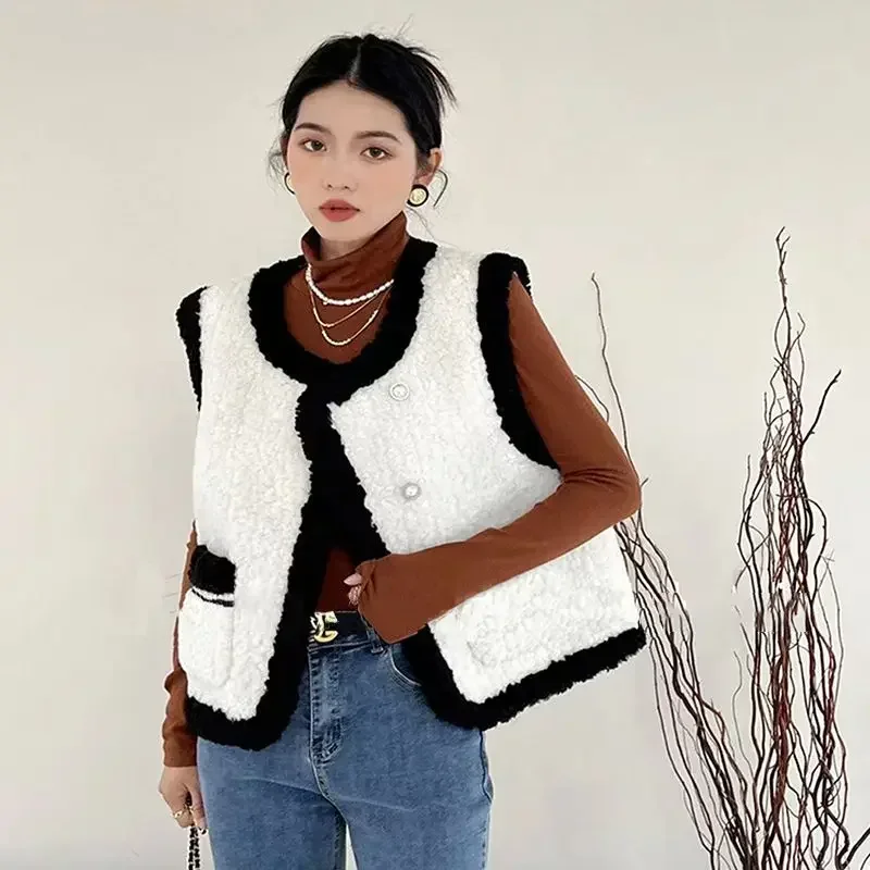 

Lady Giletes Contrasting Colors Loose Cheap Casual Women's Lamb Plush Vests Pretty Winter Clothing Clothes Fashion 2024 Working