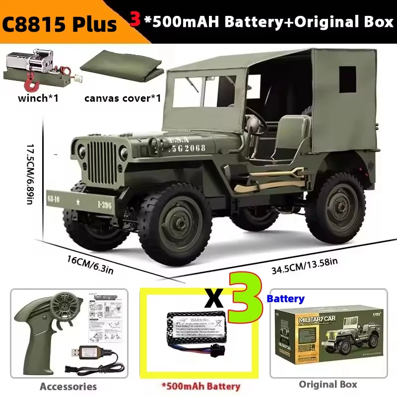 JHD FOR JJRC C8815 Rc Car 1941 JEEP WILLYS 2.4g 4wd RTR Crawler Climbing Scale Military Truck Offroad Vehicle C8815 Car Gift image 3