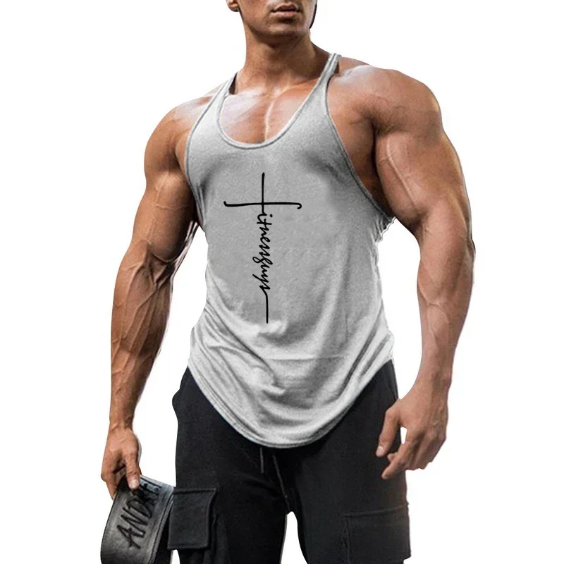 Mens Cotton Gym Training Stringer Tank Tops Y-Back Racerback Running Vests Low Scoop Neck Curved Hem Bodybuilding Fitness Shirt