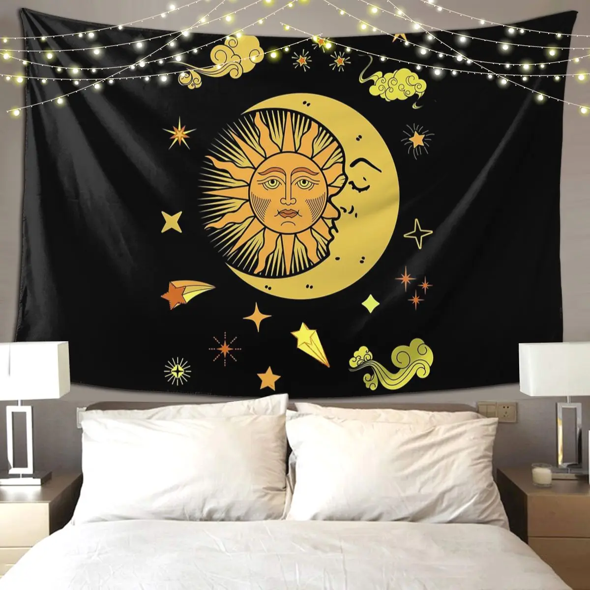 Sun And Moon Celestial Modern Vibrant Art Tapestry Funny Wall Hanging Aesthetic Home Decor Tapestries for Living Room Dorm Room