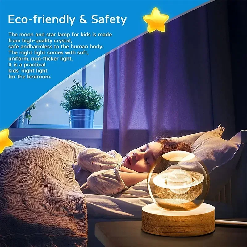 3D Crystal Ball LED Warm Night Light Wooden Base Laser Engraved Solar System Globe Galaxy Birthday Gift Home Desktop Decoration