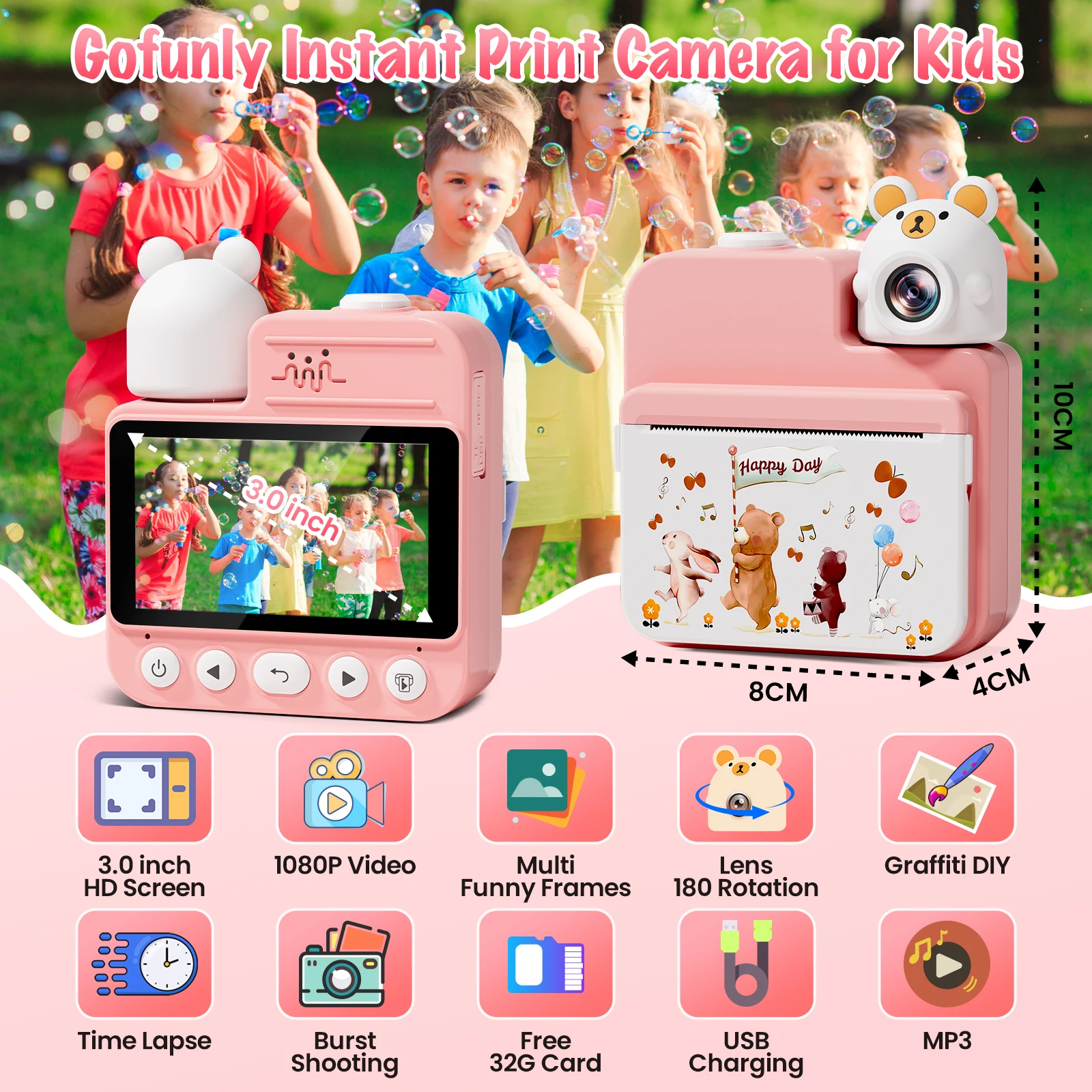 Gofunly Fotocamera istantanea per bambini da 3,0'' con scheda 32G e 3 carta da stampa, fotocamera per bambini HD 1080P Stampa istantanea per 6-12 anni