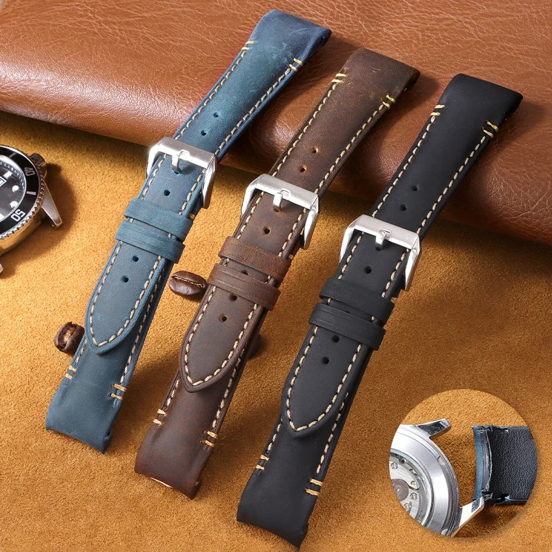 Ремешок из натуральной кожи 20 мм 22 мм, высококачественный браслет в стиле ретро, спортивный водонепроницаемый универсальный сменный браслет с изогнутым концом