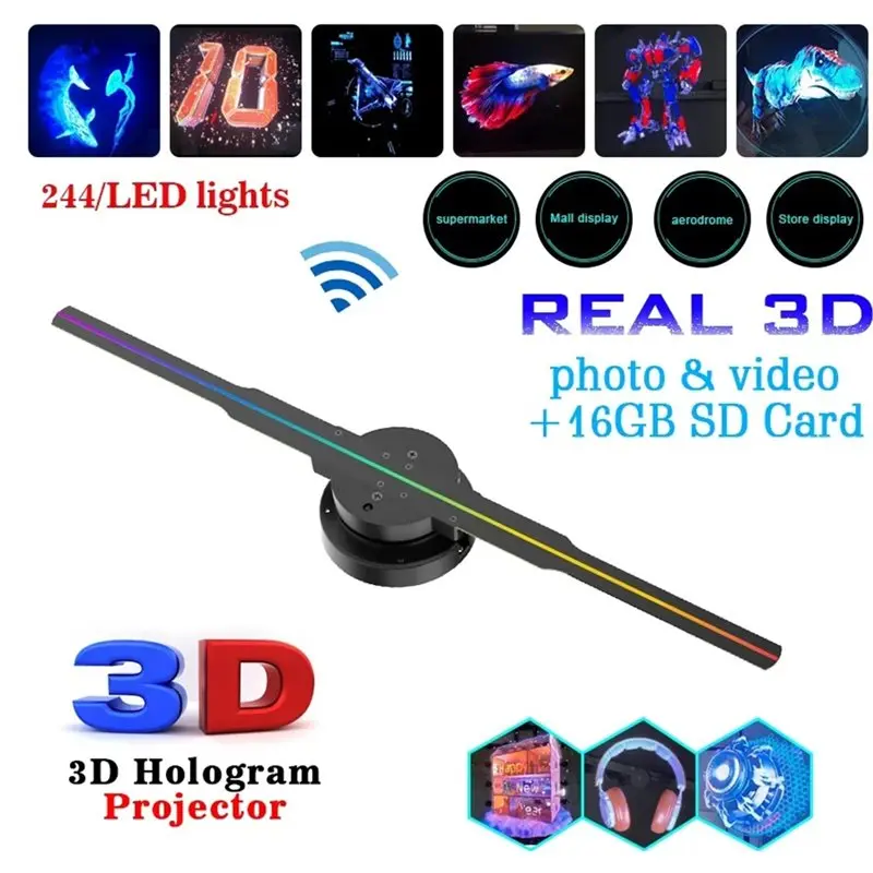 B23B LED Neon Light Rotating 3D Hologram Projector 42Cm 3D Holographic Fan Wifi Remote Control Custom Icons DIY Video EU Plug
