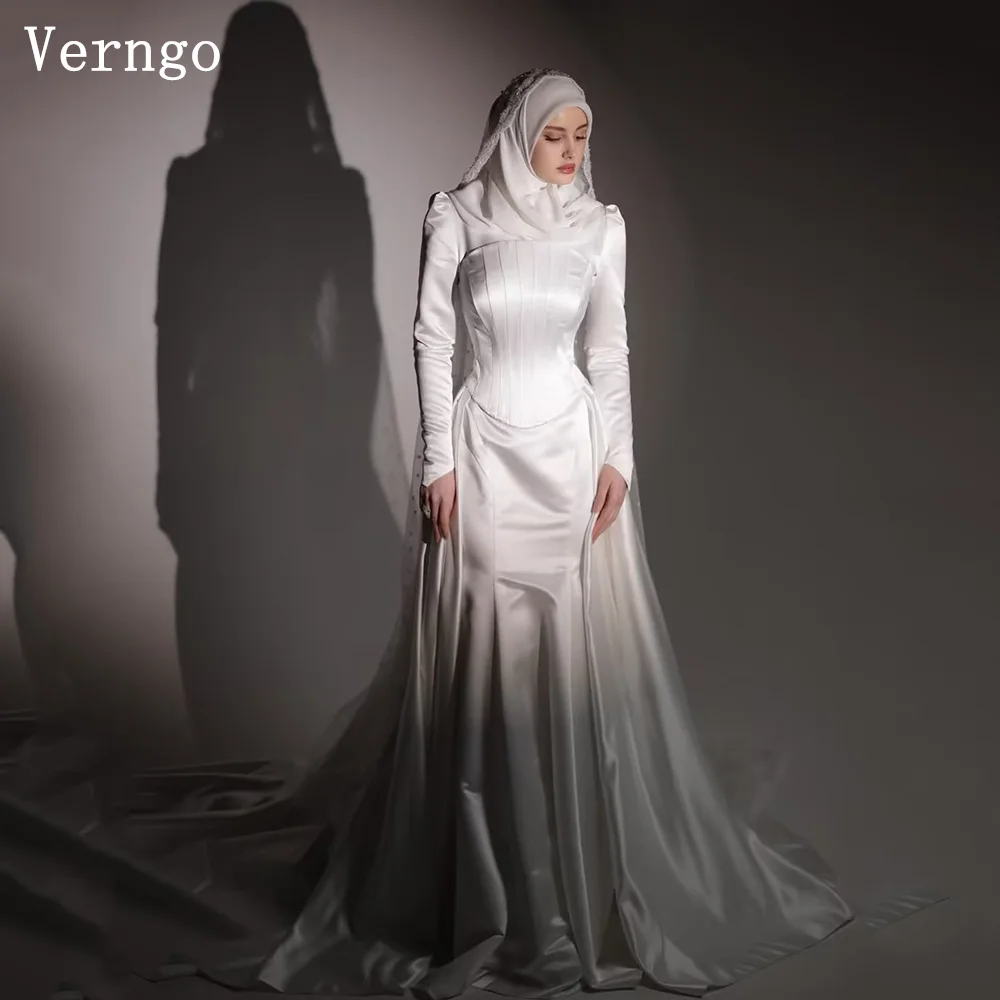 

Свадебное платье Verngo Simple Satin Modest с высоким воротом и длинными рукавами, фасон «русалка», элегантное мусульманское свадебное платье, индивидуальный пошив