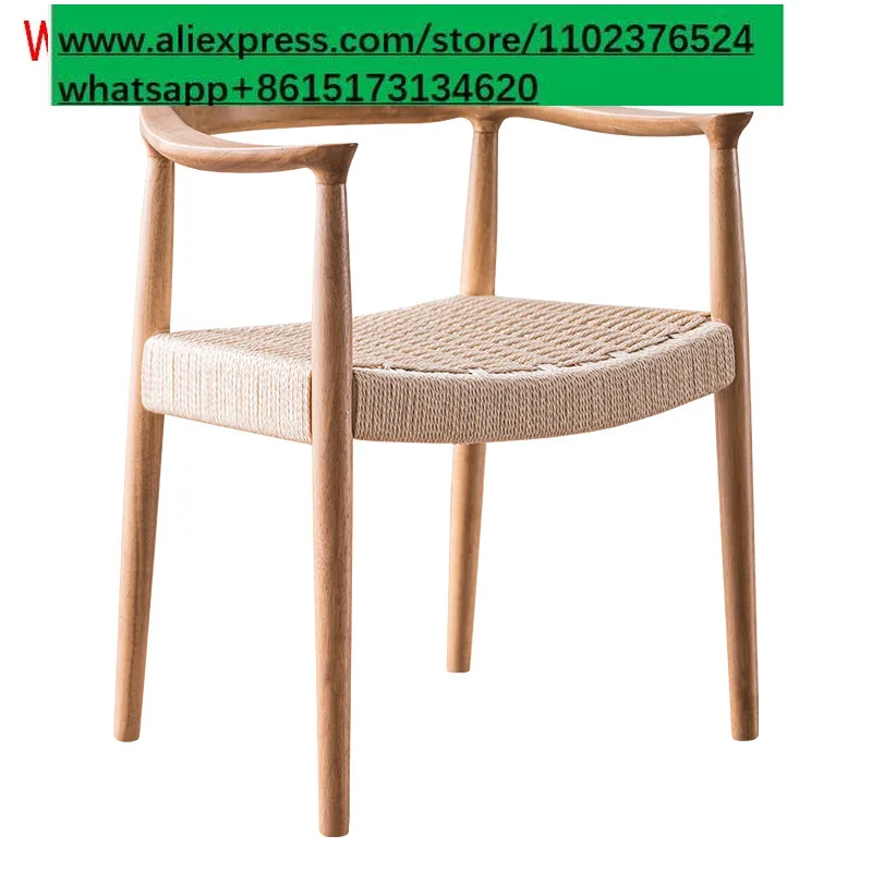 Solid Wood Rope Woven Dining Chair, Home Armchair, Woven Tea Chair, Leisure