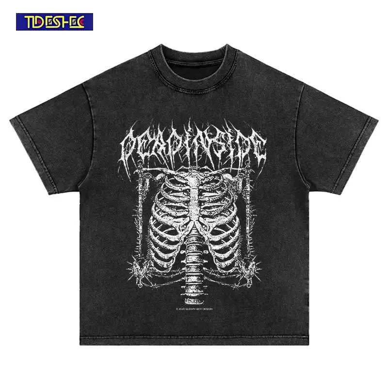 

Hip Hop Japanese Style Skeleton Print T-Shirt Streetwear Harajuku Summer Gothic Vintage Fashion Washed Oversized Cotton Tshirt
