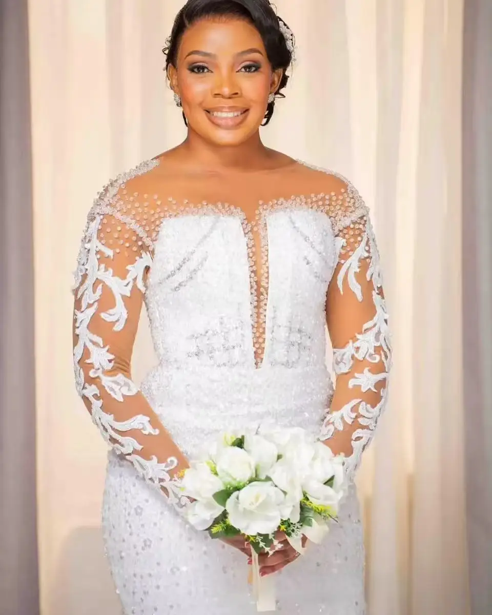 ONELIFE-vestido de novia personalizado, vestidos de novia para novia, ilusión de cuello transparente, mangas largas, apliques de encaje con cuentas