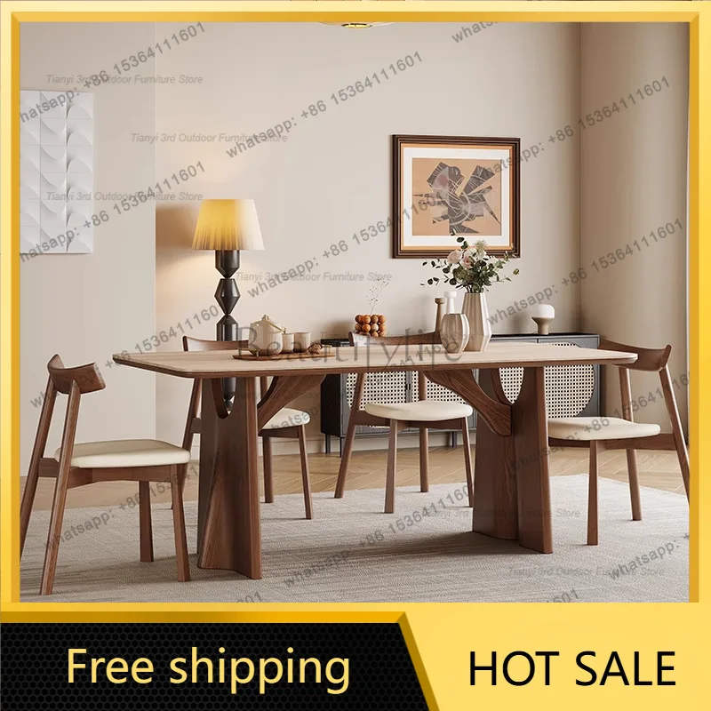 zj.French Retro Stone Dining Table Italian Minimalist Kitchen Rectangular Solid Wood Dining Table High End Restaurant Furniture