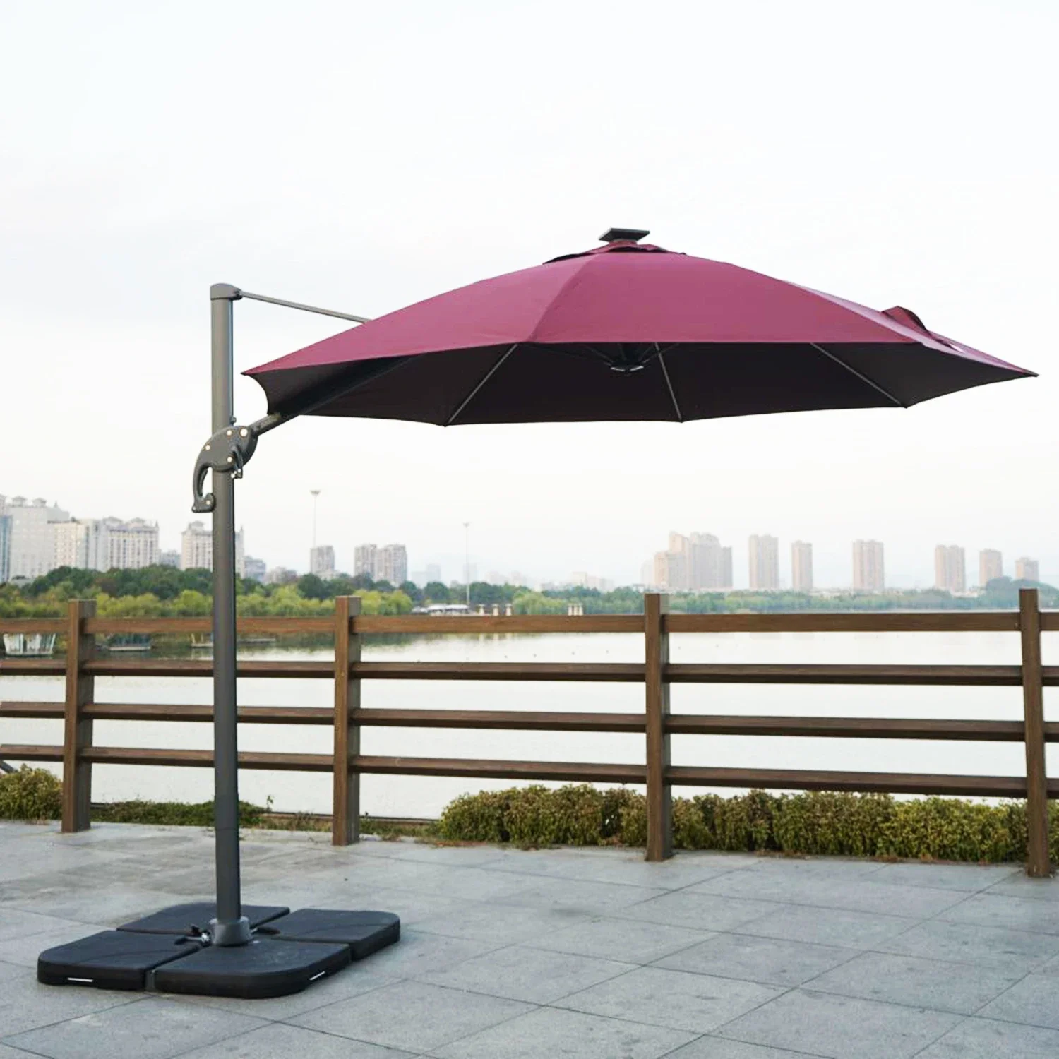 Outdoor Restaurant Offset Umbrella 3.5M Large Roman Parasols Patio Aluminum Cantilever Umbrellas With LED Lights