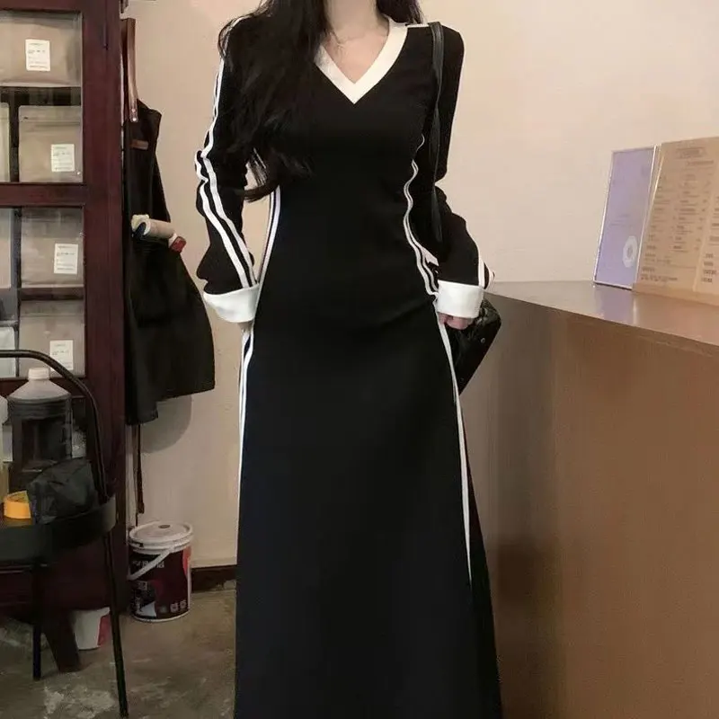 

Korean Slim A-Line Waist Dresses Spring Autumn New Long Sleeve Women's Clothing Casual V-Neck Fashion Spliced Commute Long Dress