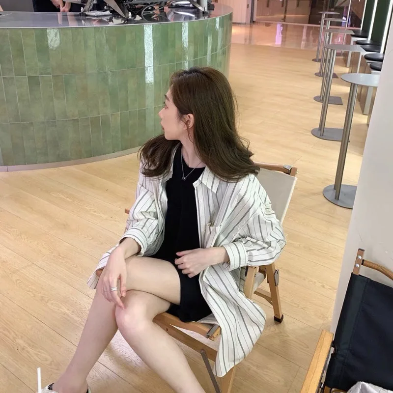 

Свободные рубашки женские весенние полосатые карманы винтажные корейские модные универсальные Ulzzang для отдыха подростков американские ретро универсальные уютные