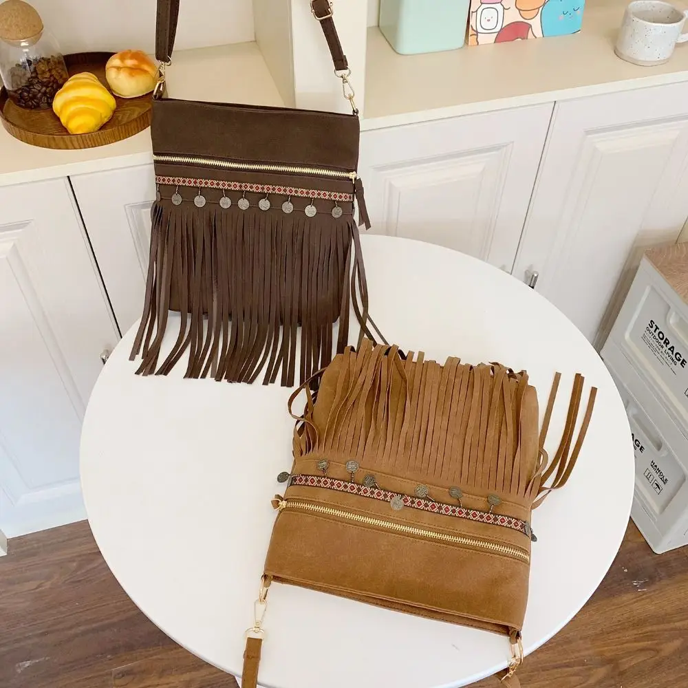 

Korean Style Fringe Suede Messenger Bag Solid Color PU Leather Tassel Shoulder Bag Ethnic Style Zipper Crossbody Bag