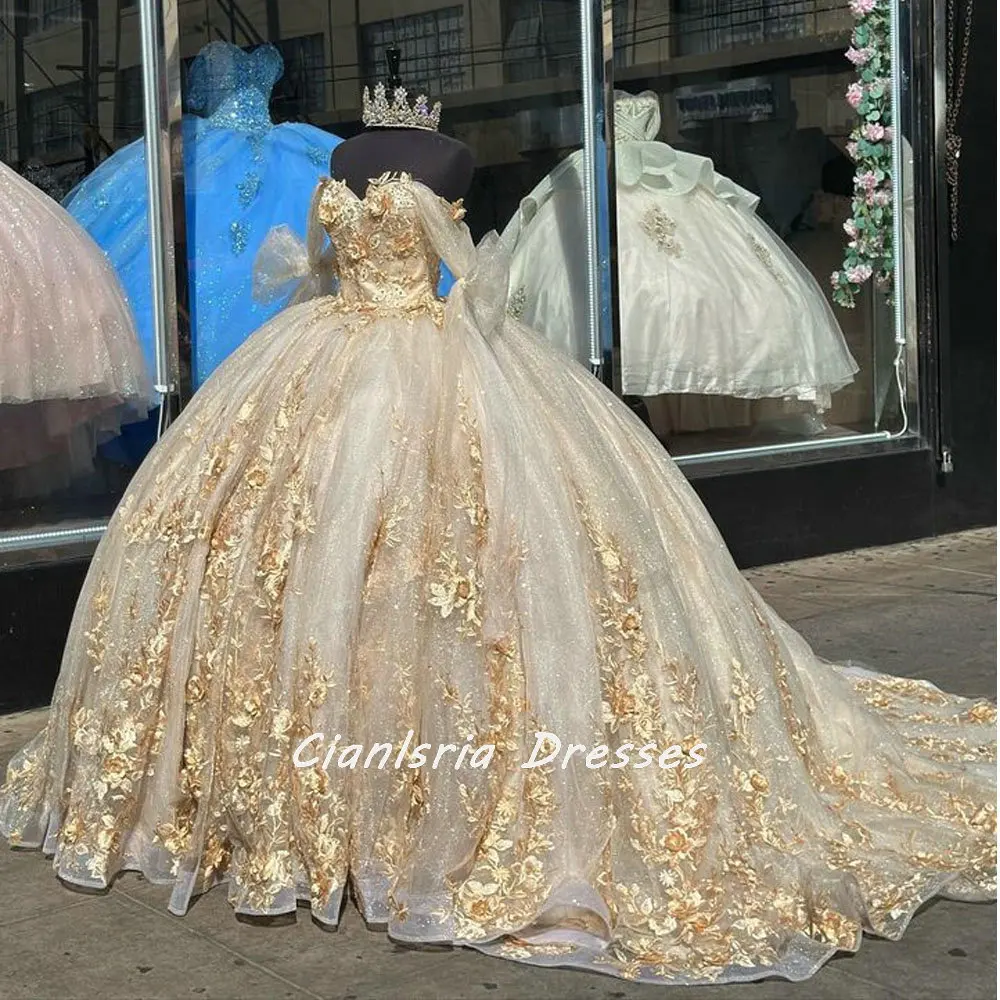 Gold 3D Flowers Bow Corset Quinceanera Dress Ball Gown Off The Shoulder Appliques Lace Graduation 7th Vestido De XV Anos