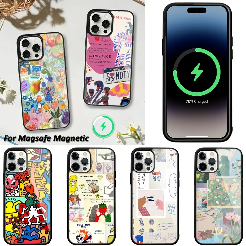 

Illustration Collage Phone Case For iPhone 15,14,13,12,11 Pro Max Plus Cases Wireless Charging