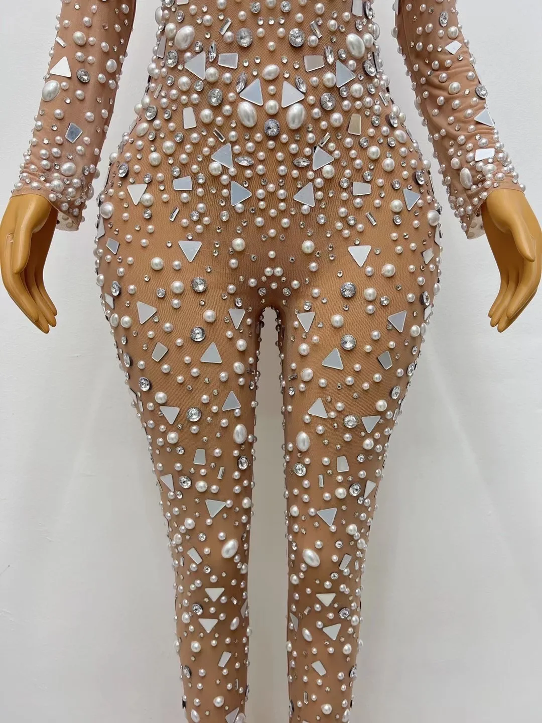 Sparkly AB Crystals Mesh Jumpsuit Sexy See through Rhinestones Bodysuit Rompers for Stage Birthday Dance Evening Outfit