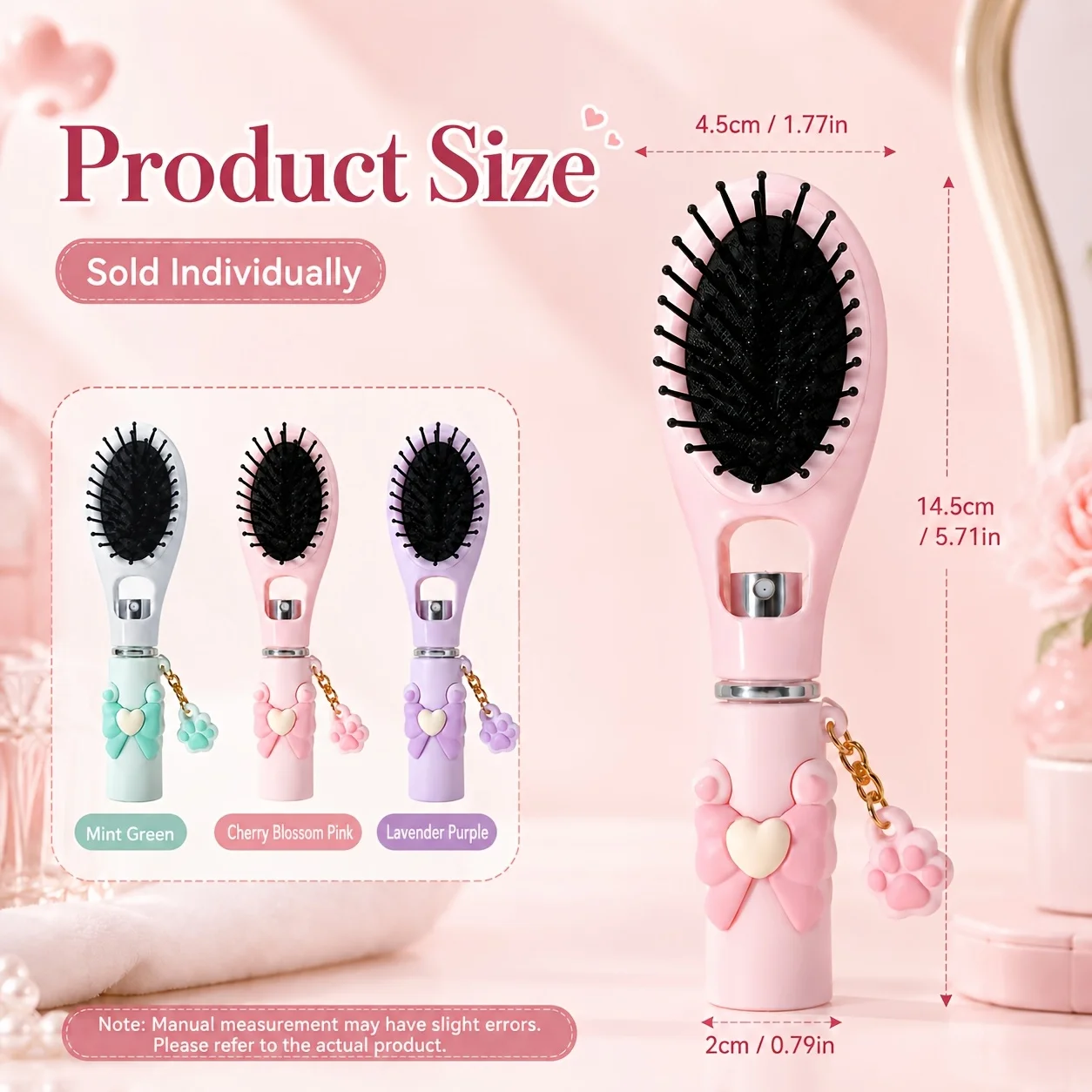 2-in-1 Portable Hair Spray Brush & Mini Comb with Mist Bottle & Bow Charm, for Travel-Friendly Air Cushion Massage Comb