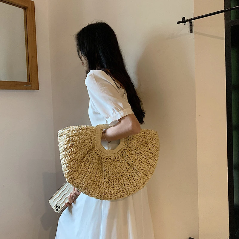 Bohemian Style Straw Weaving Solid Color Large Capacity Handheld Bag Women's Casual Simple Versatile Lightweight Hanbag