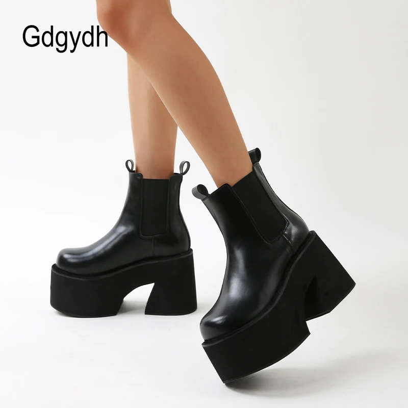 

Gdgydh Minimalist Slip On Platform Chelsea Boots Chunky Heeled Boots for Women Faux Leather Brown Strech Comfy Ankle Booties