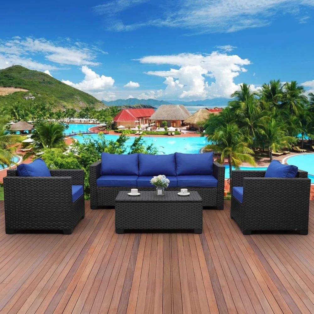 

4 Pieces Patio PE Wicker Furniture Set Resin Rattan Outdoor Conversation Sofa Sets Sectional Couch with Table and Cushions