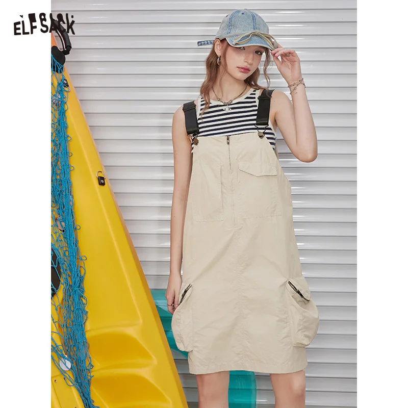 

ELFSACK 2024 Summer New Arrivals College style workwear, shoulder strap dress, women's casual versatile dress