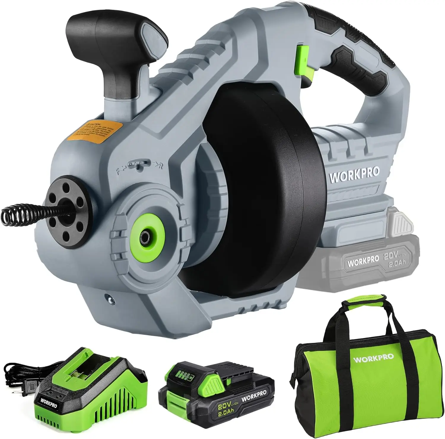 

Электрический прочистной инструмент WORKPRO 20V, 25 футов, для удаления волос из канализации, с аккумулятором 2.0 Ач и зарядным устройством, для устранения засоров в унитазах