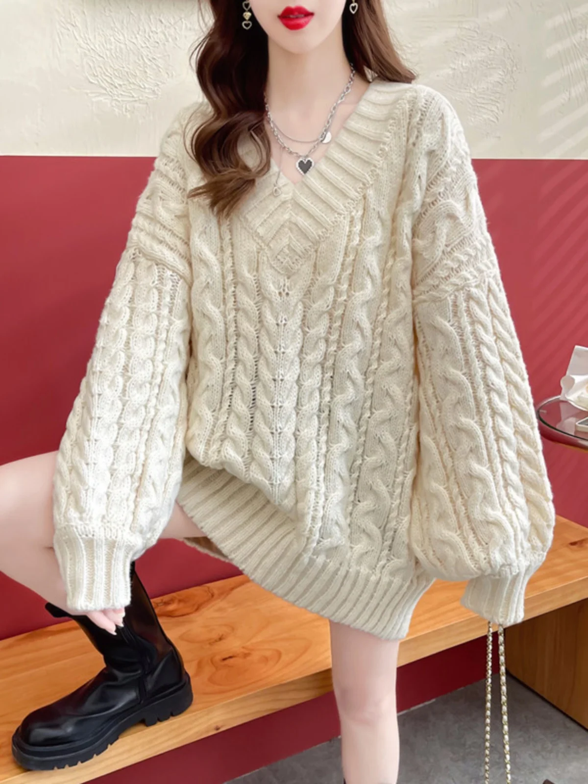 

Trendy Women's V-Ne Sweater Thiened Chunky Knit Loose Fit Autumn Winter Faionable Lazy Sle Top Warmth Heating Long Sl...