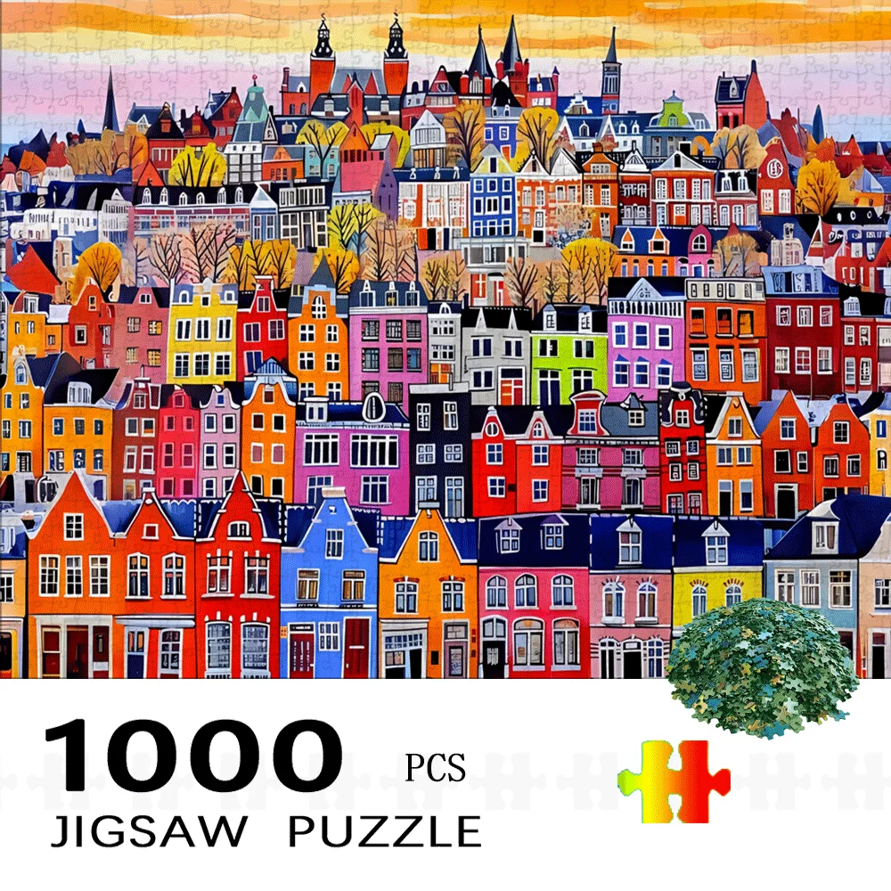 1000 stuks puzzel voor volwassenen - levendig stadsgezicht met kleurrijke gebouwen en herfstbomen, grote familieactiviteit, hersenen
