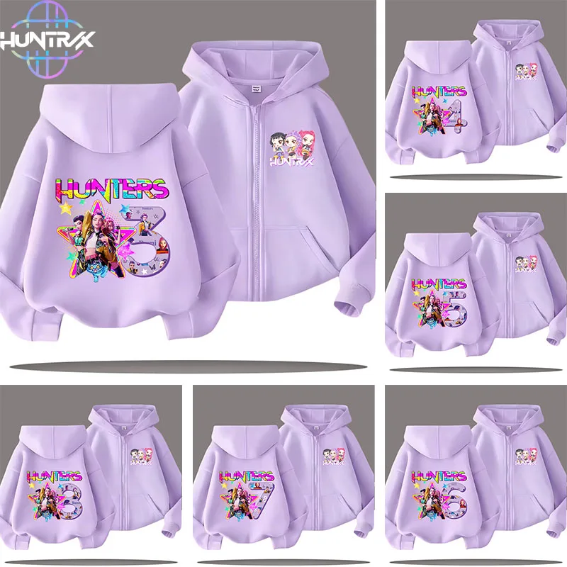 

3-12 year old girls' casual top with zipper, children's hooded sweatshirt for boys, K-pop Demon Hunters digital cartoon print
