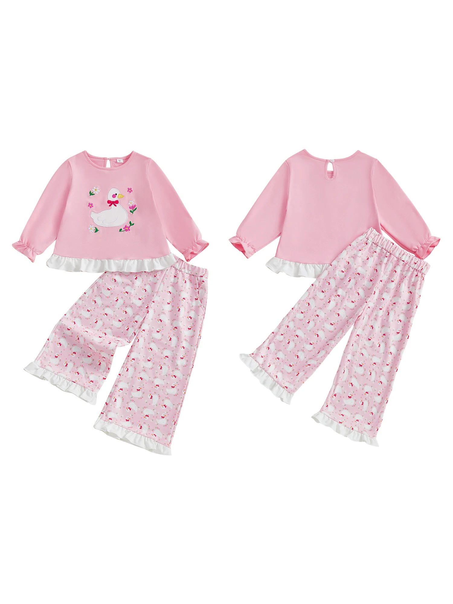 Conjunto de 2 peças para meninas com blusa floral bordada de manga comprida e calças estampadas para moda outono