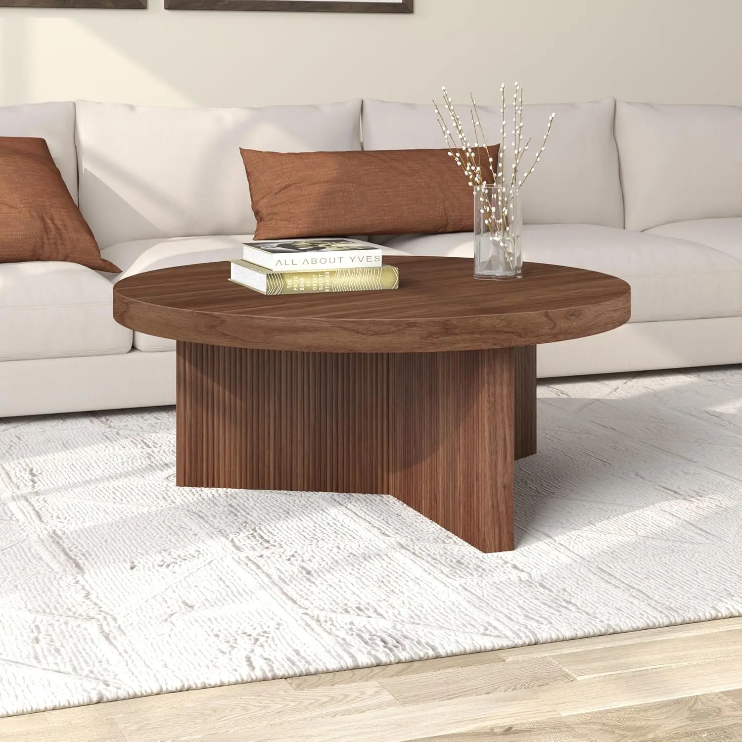 36" Fluted Round Low-Profile Coffee Table With Ribbed Pedestal Base Living Room, Family Room, Or Office, Satin Walnut