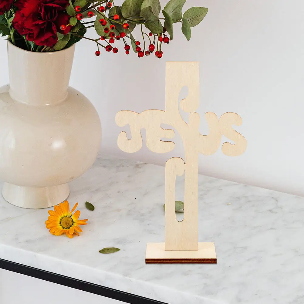 20Pcs Wooden Cross Decoration Unfinished Wood Craft Table Adornment Small Desktop Religious Cross Ornament Crosses for Crafts