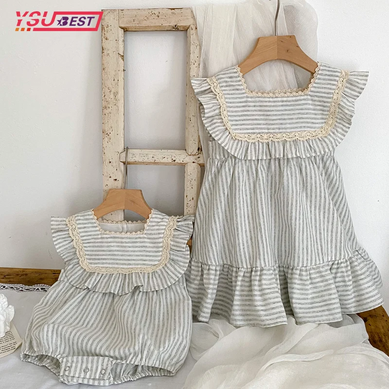 

Sister Clothes Toddler Vintage Stripe Romper Dress Sister Family Macth Clothing Girls Clothes Summer Ruffles Lace Baby Bodysuit