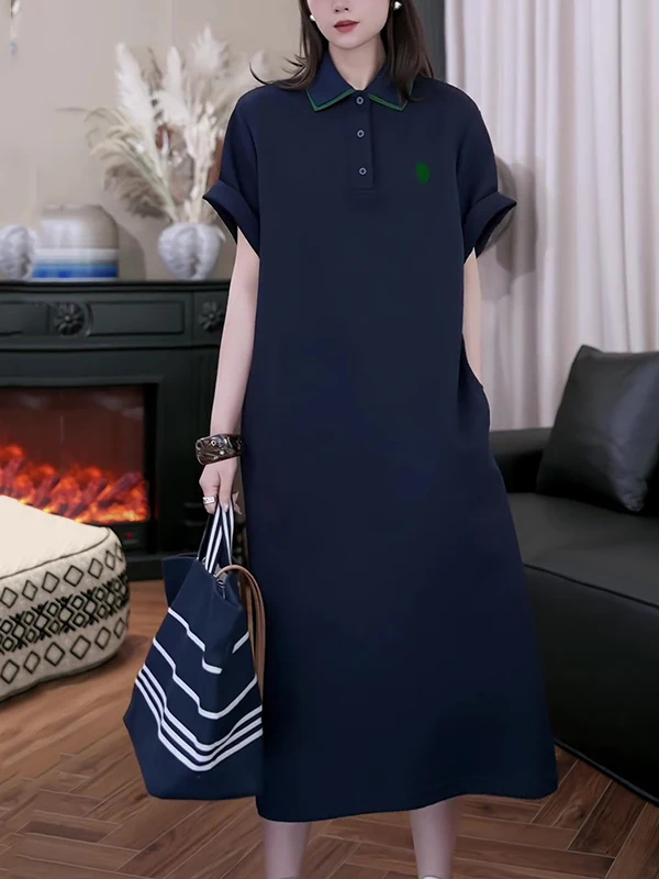 

Comfortable Bluepolo Style Women's Dress Fashionable Summer Slimming T-Shirt Dress Korean Style Loose Fit Long Skirt