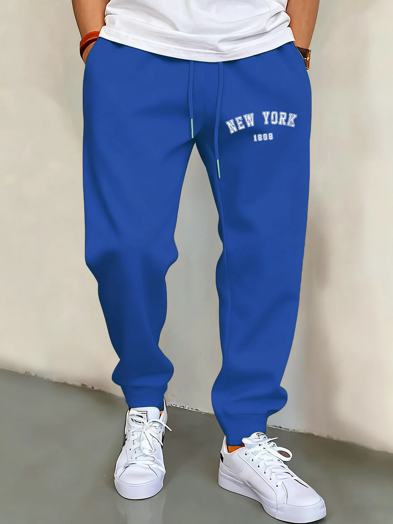 

New York 1898 Print Men'S Retro Sweatpant Casual Basic Pants Versatile Pocket Drawstring Trousers Unisex Fashion Street Pant
